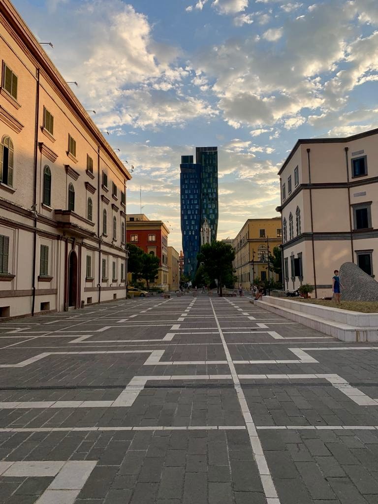 Street view in central Tirana at sunset